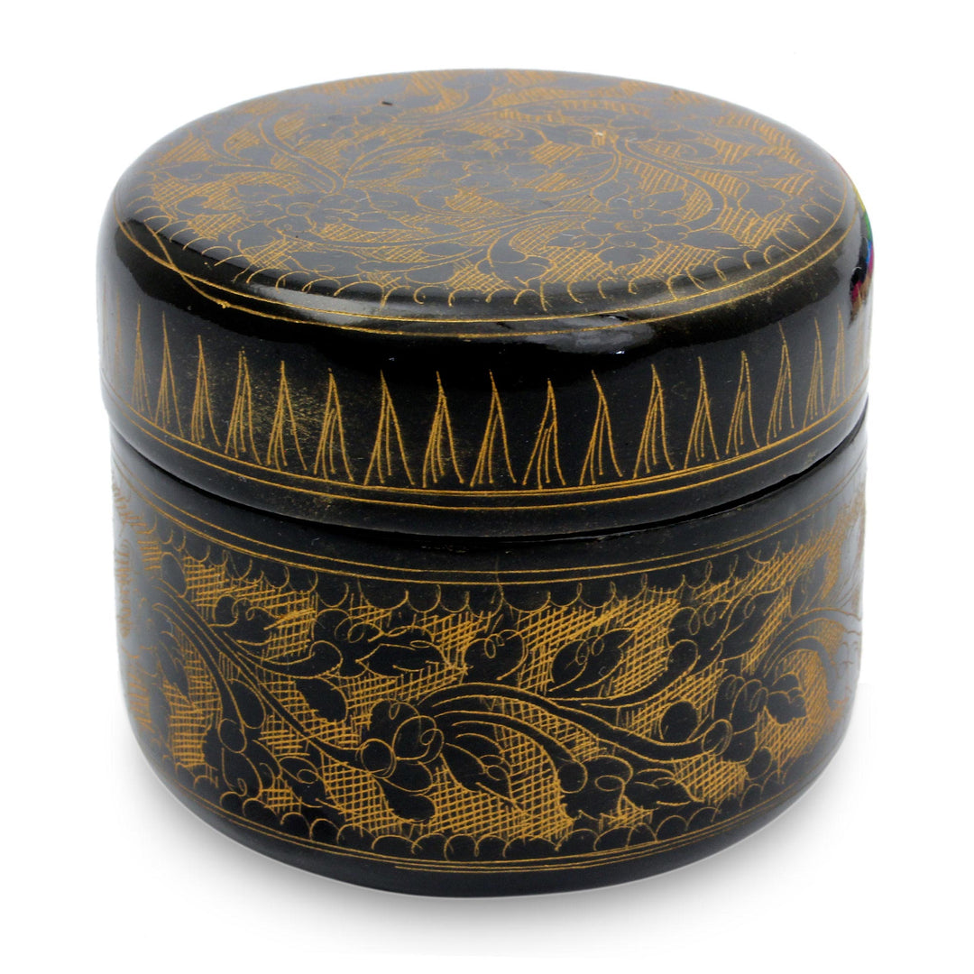 Round Decorative Box Handcrafted Lacquered Wood - Exotic Golden Flora