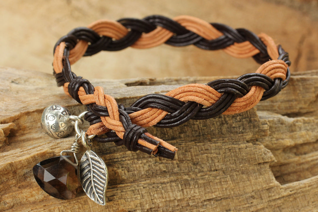 Braided Leather Smoky Quartz Bracelet with Hill Tribe Silver - Joyous Nature