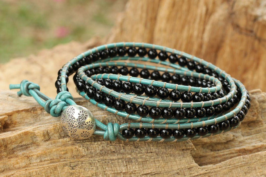 Onyx and Leather Wrap Bracelet Thai Artisan Jewelry - Inner Balance