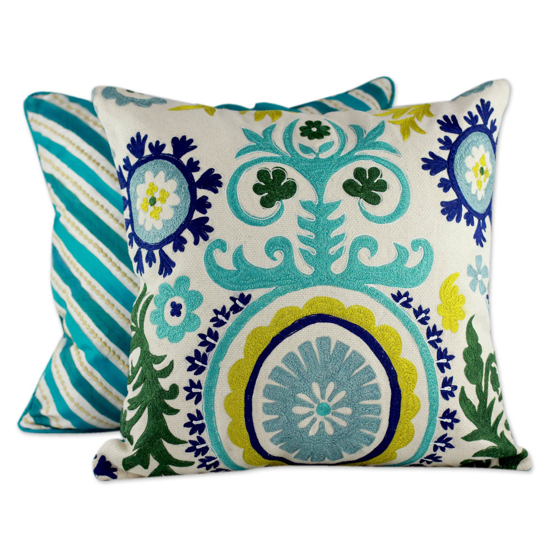 Two Embroidered Cushion Covers in Aqua Tones from India - Aqua Fusion