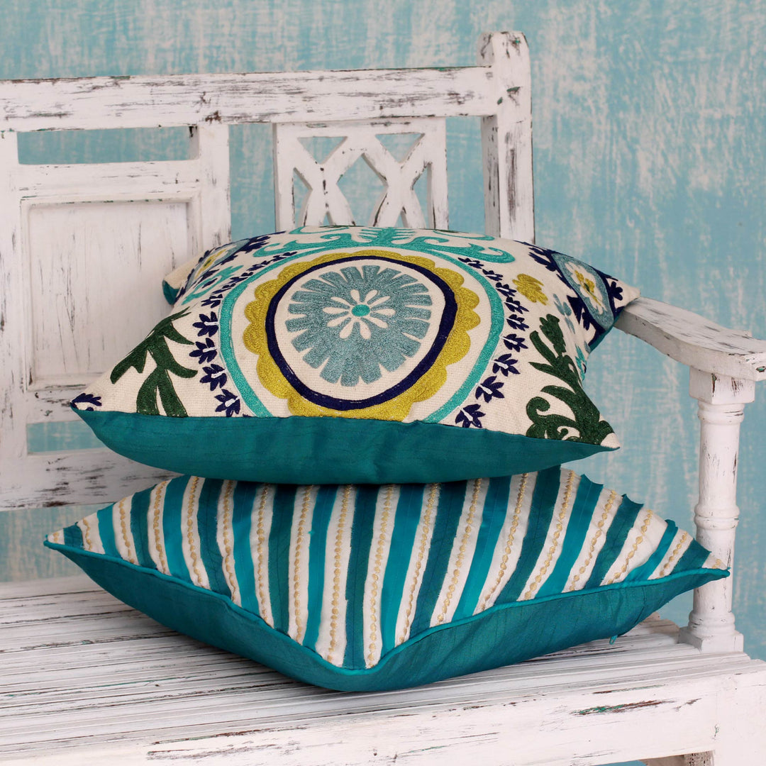 Two Embroidered Cushion Covers in Aqua Tones from India - Aqua Fusion