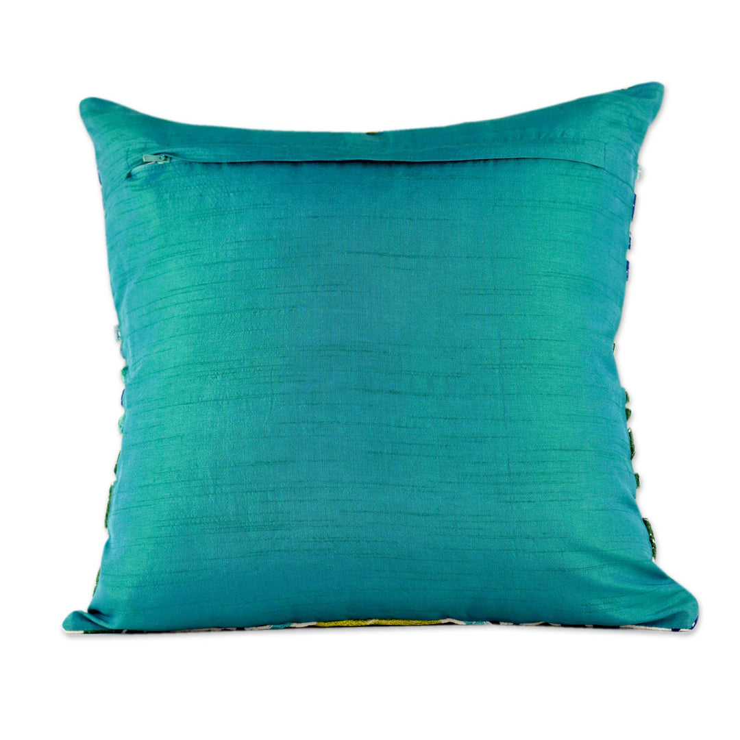 Two Embroidered Cushion Covers in Aqua Tones from India - Aqua Fusion