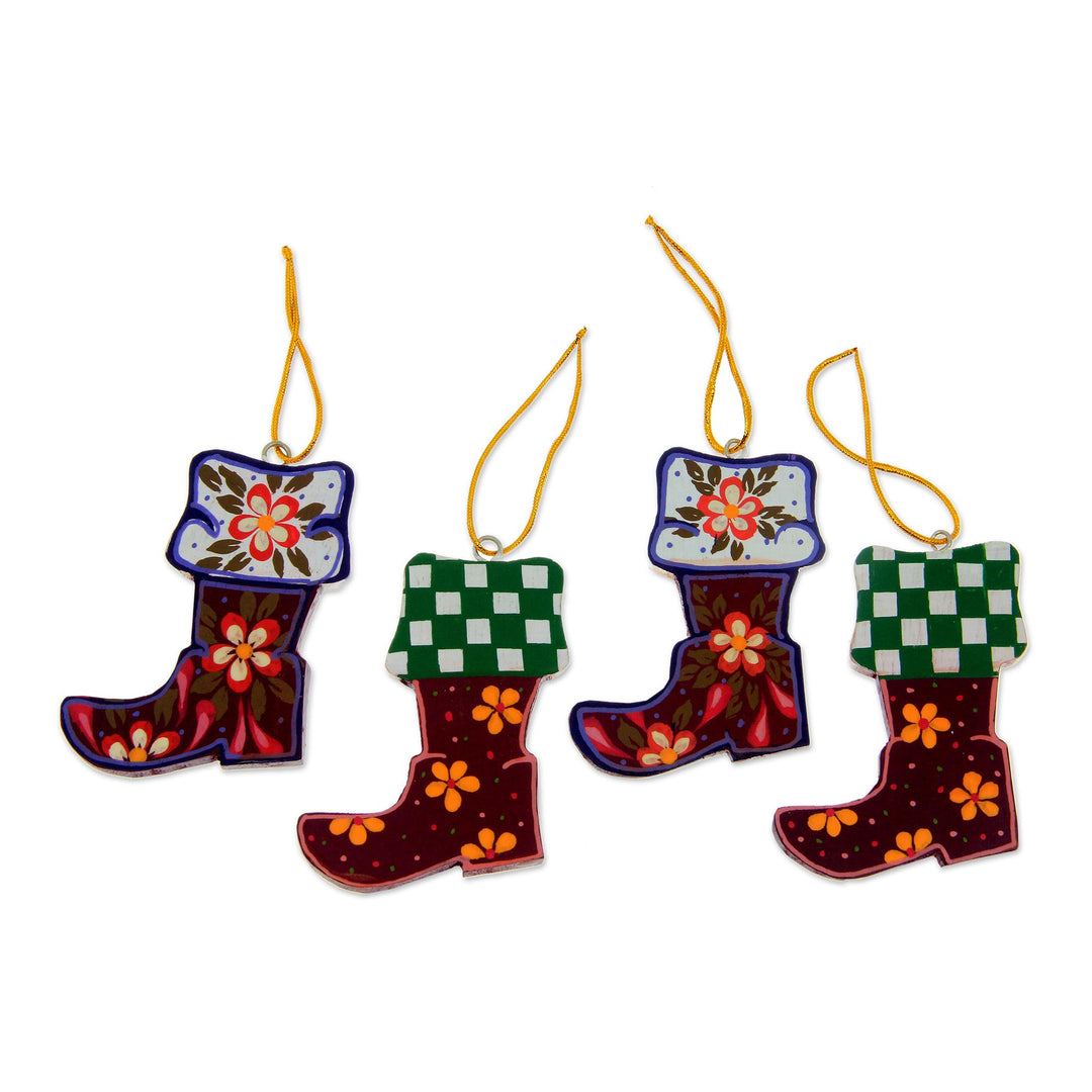 Colorful Wood Ornaments Handcrafted in Bali (set of 4) - Christmas Stockings