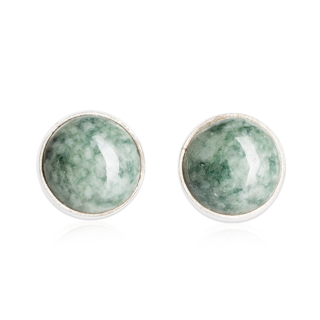 Round Jade Stud Earrings in Sterling Silver - Harmonious Peace