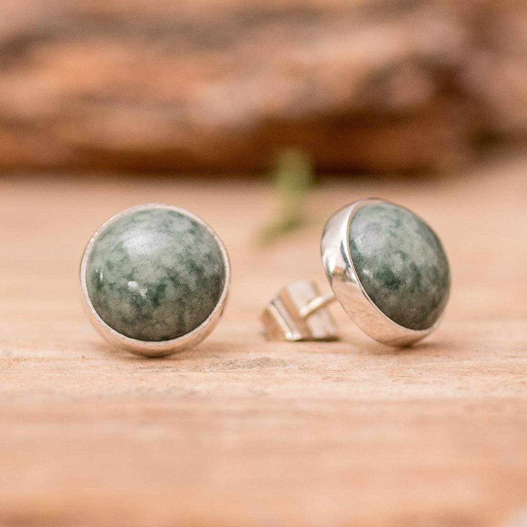 Round Jade Stud Earrings in Sterling Silver - Harmonious Peace