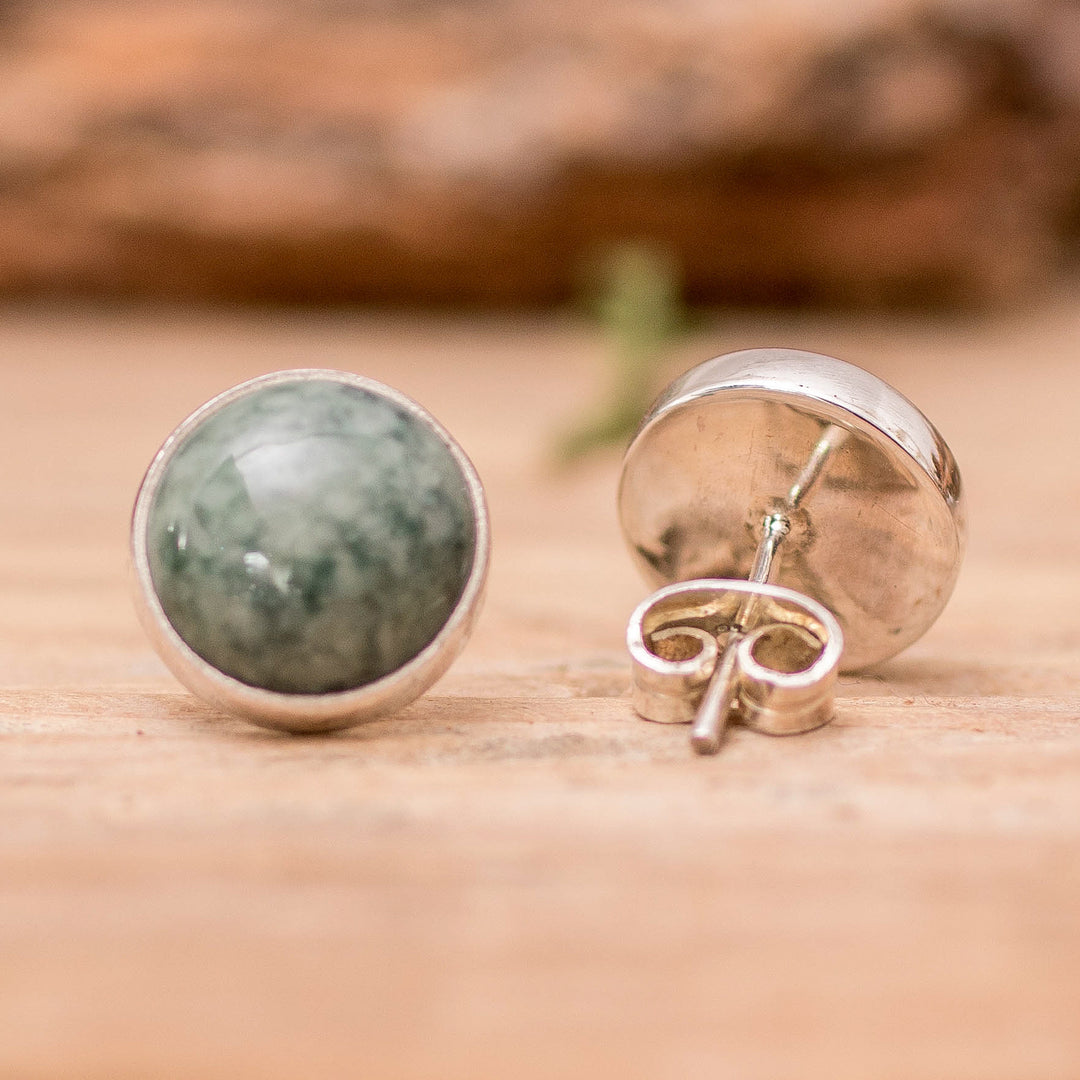 Round Jade Stud Earrings in Sterling Silver - Harmonious Peace
