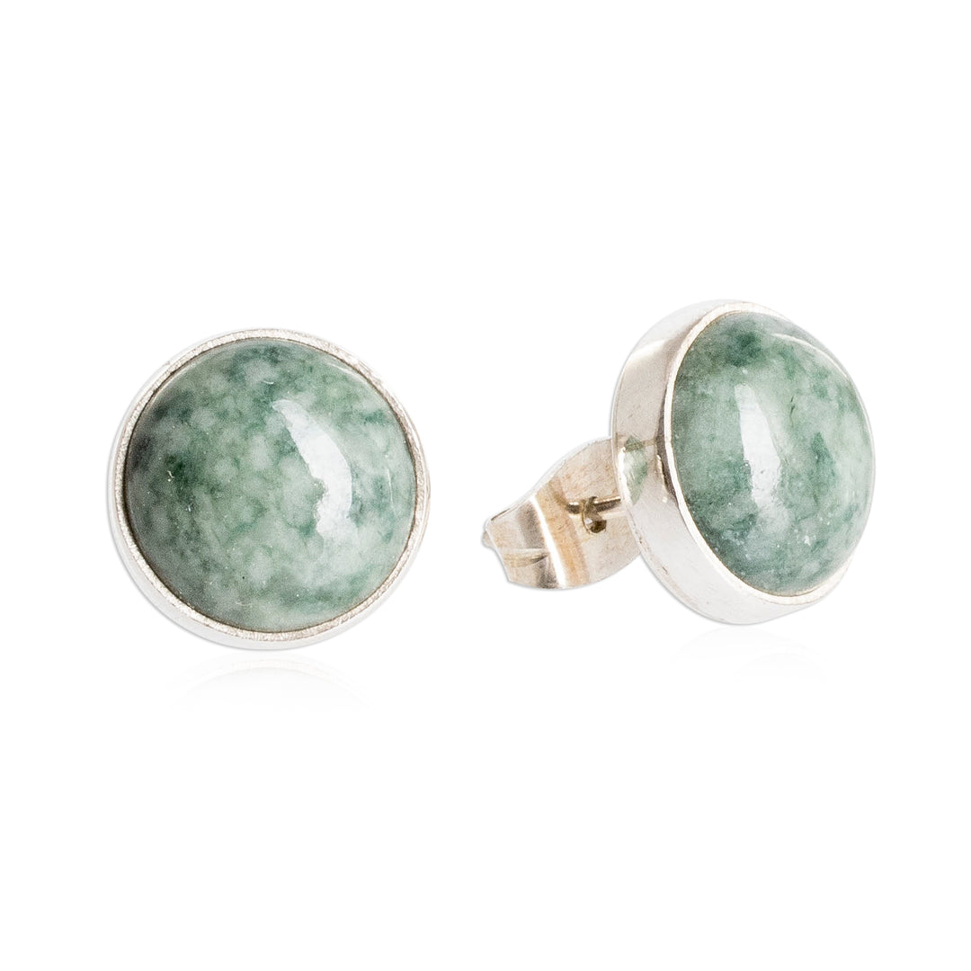 Round Jade Stud Earrings in Sterling Silver - Harmonious Peace