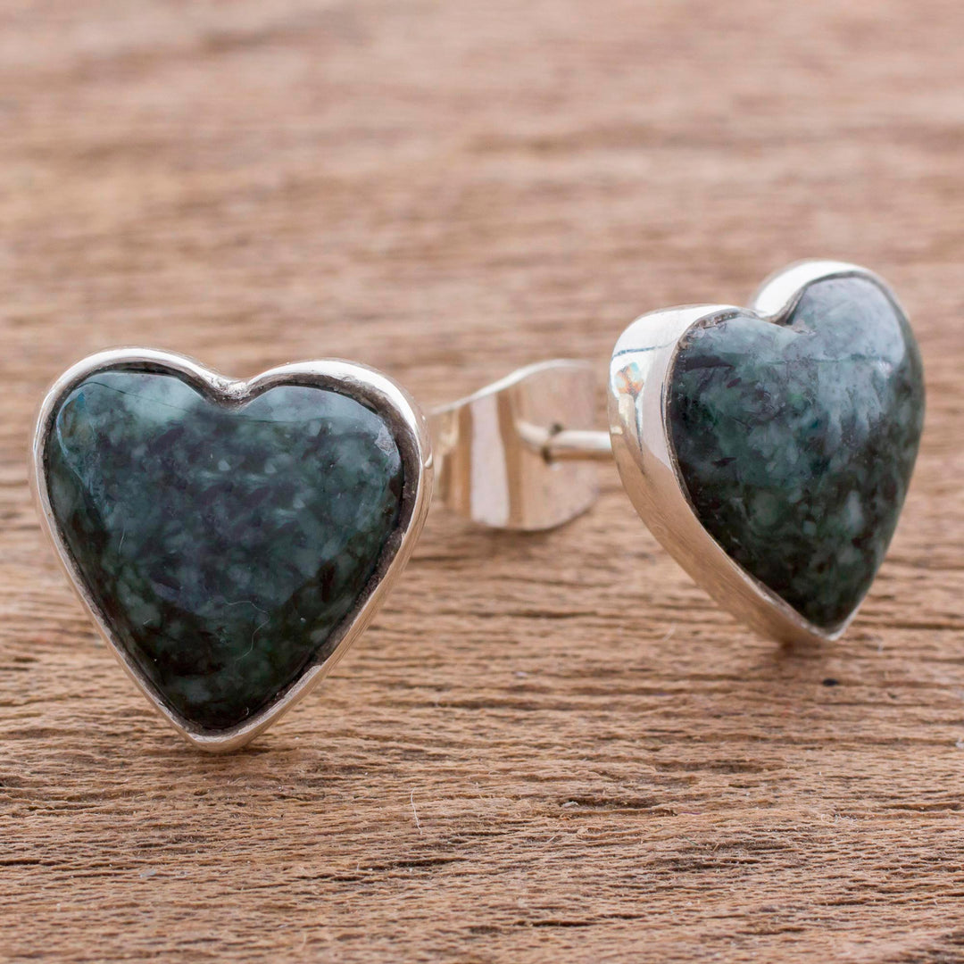 Dark Green Jade Heart Earrings Artisan Crafted Jewelry - Love Sacred