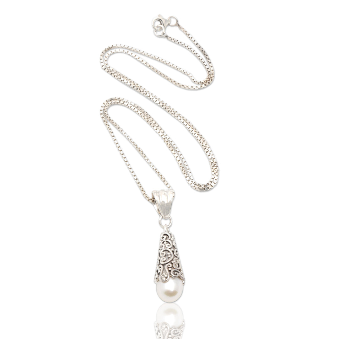 Sterling Silver and White Cultured Pearl Pendant Necklace - White Arabesque Dewdrop
