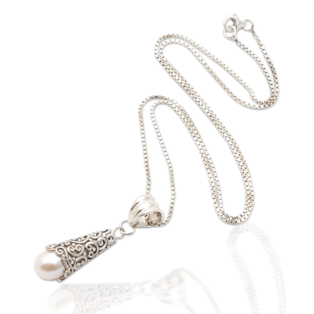 Sterling Silver and White Cultured Pearl Pendant Necklace - White Arabesque Dewdrop