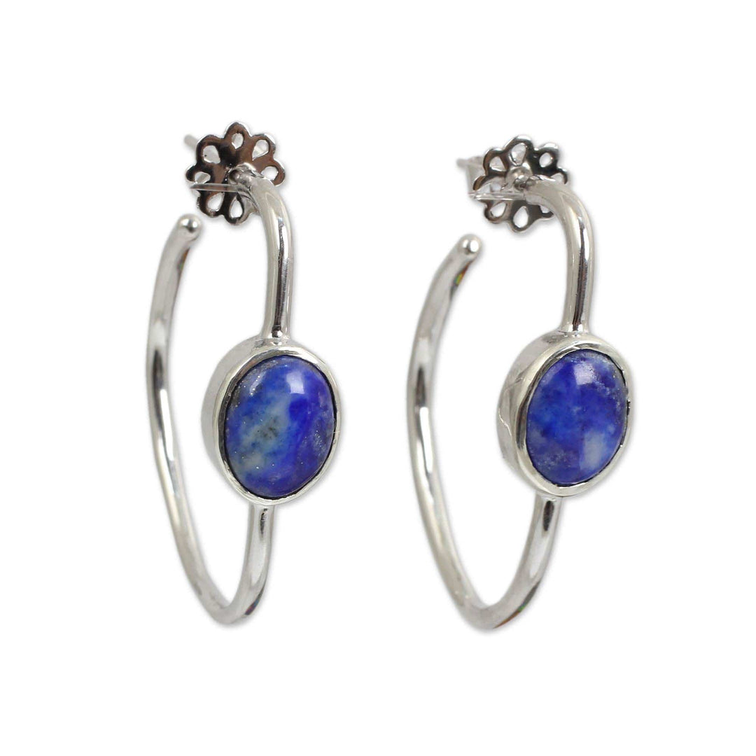 Modern Silver Half Hoop Earrings with Lapis Lazuli - Modern Moonlight