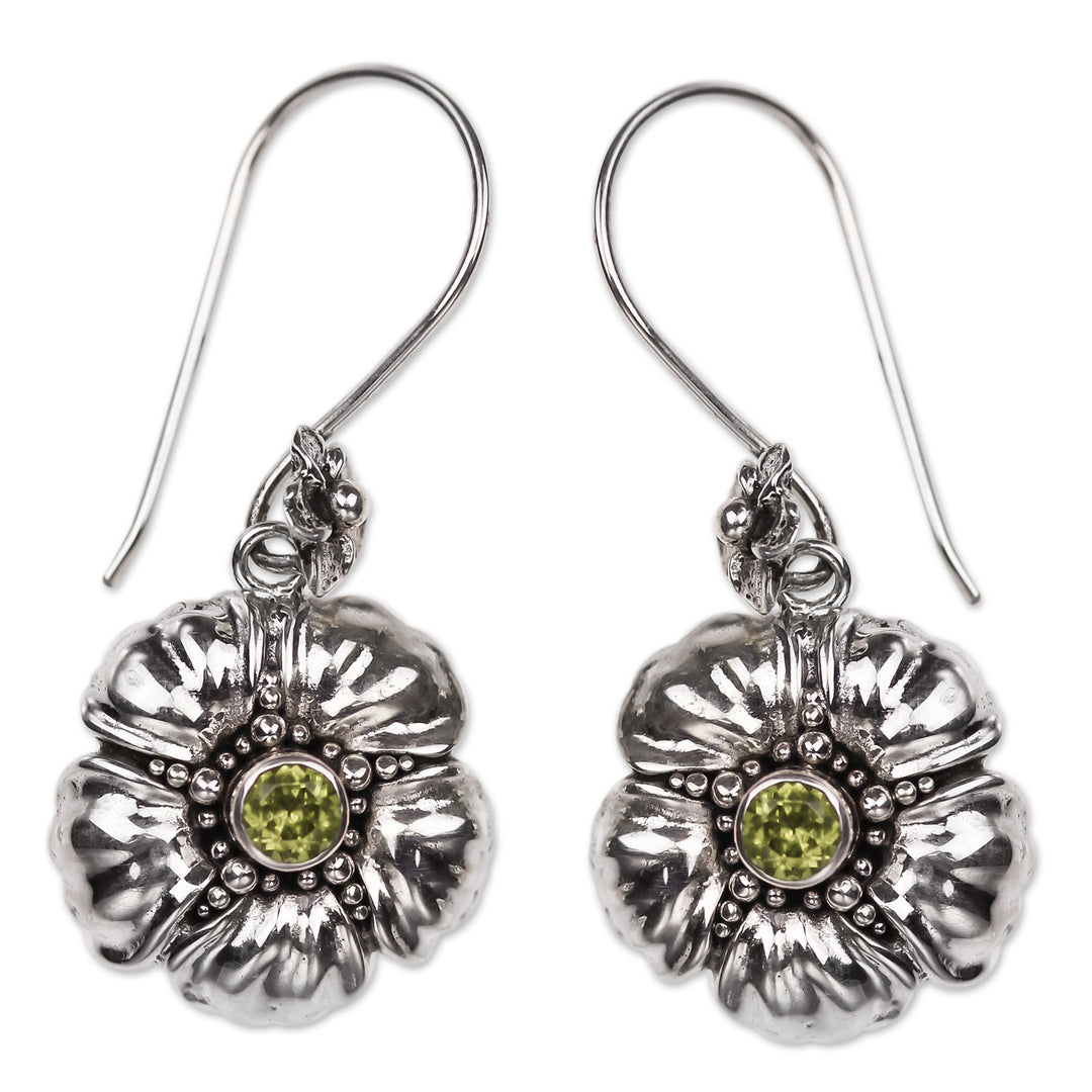 Handcrafted Balinese Peridot Flower Earrings - Hibiscus