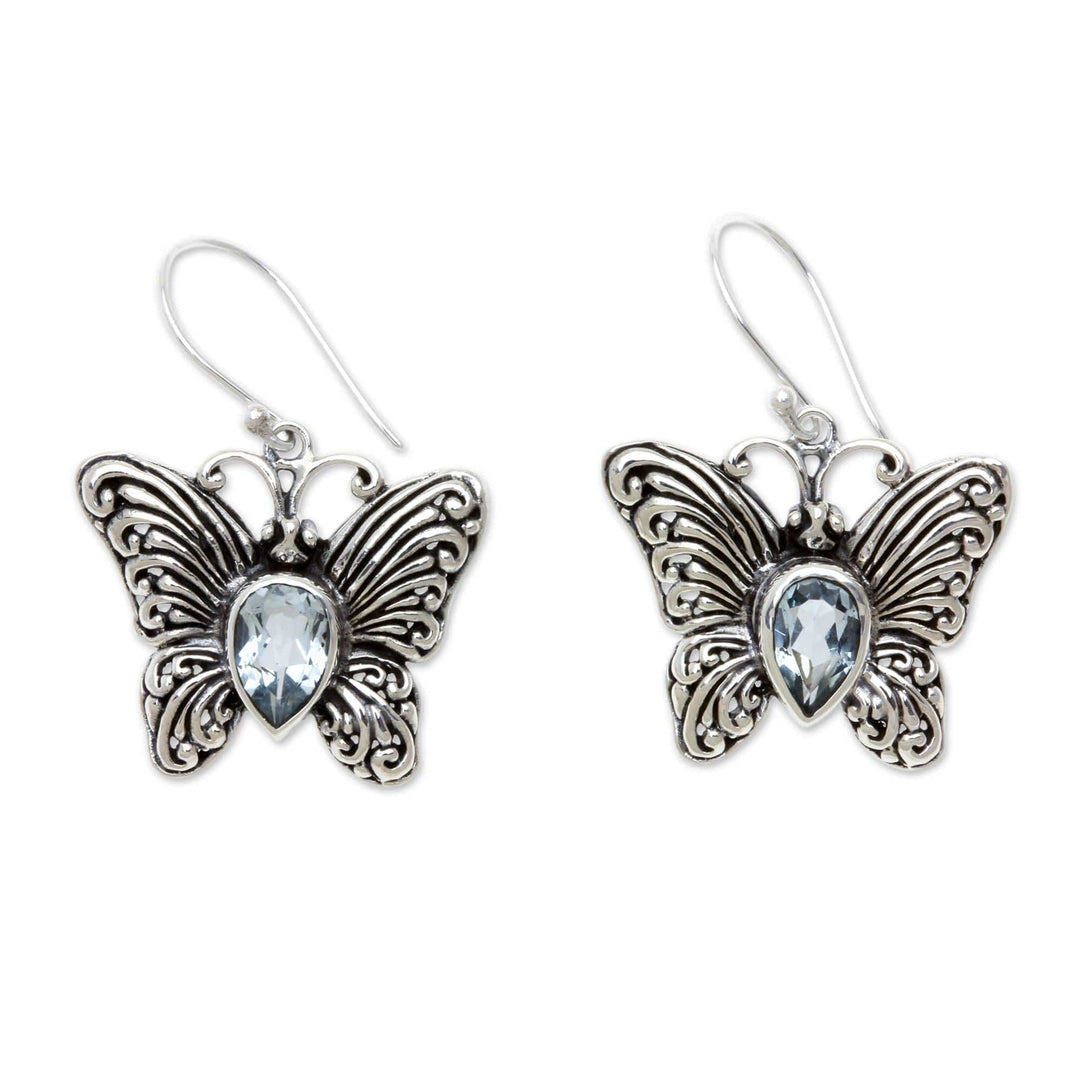 Handcrafted Indonesian Silver and Blue Topaz Earrings - Enchanted Butterfly