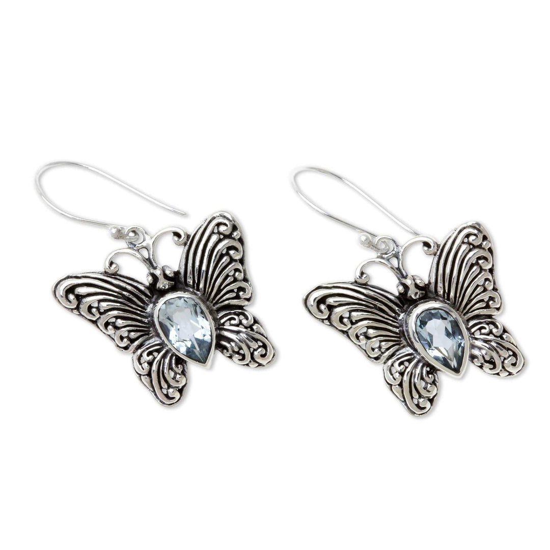 Handcrafted Indonesian Silver and Blue Topaz Earrings - Enchanted Butterfly
