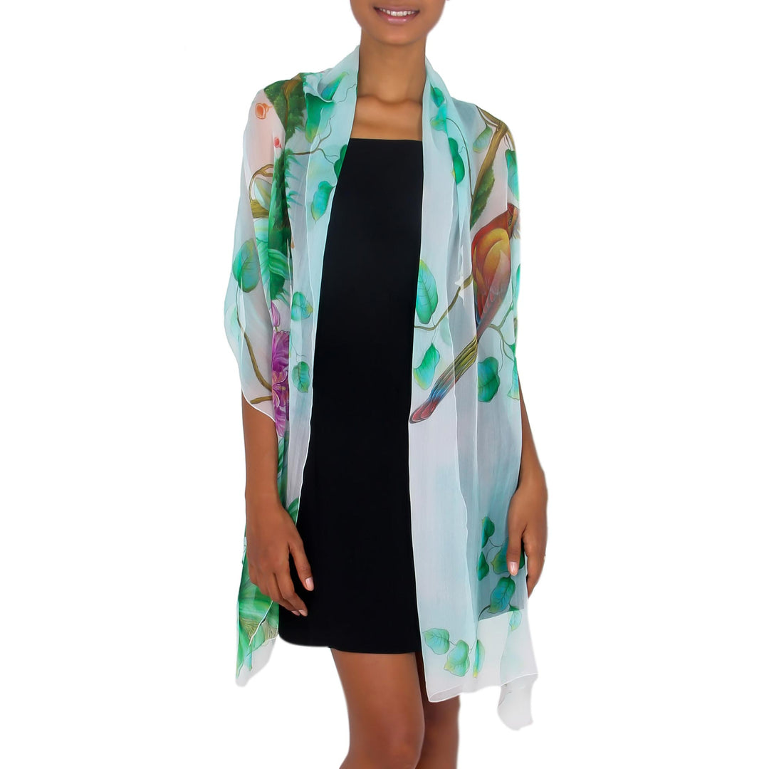 Hand Painted Bird Theme Signed Silk Chiffon Shawl - Tropical Birds