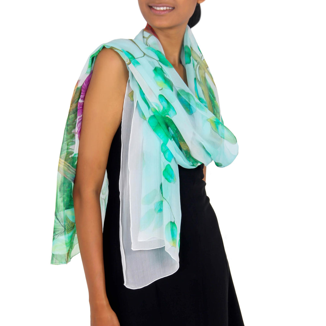 Hand Painted Bird Theme Signed Silk Chiffon Shawl - Tropical Birds