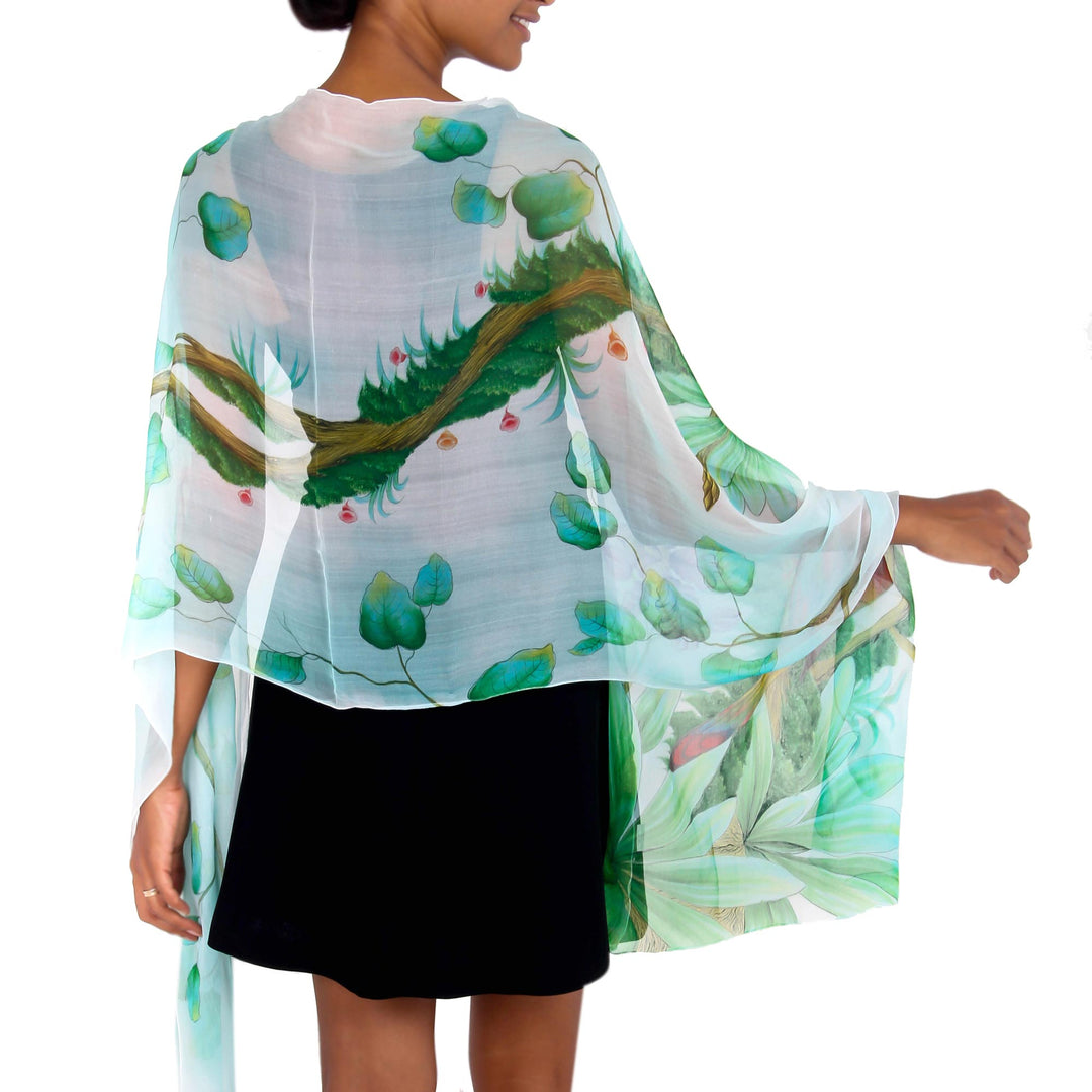 Hand Painted Bird Theme Signed Silk Chiffon Shawl - Tropical Birds