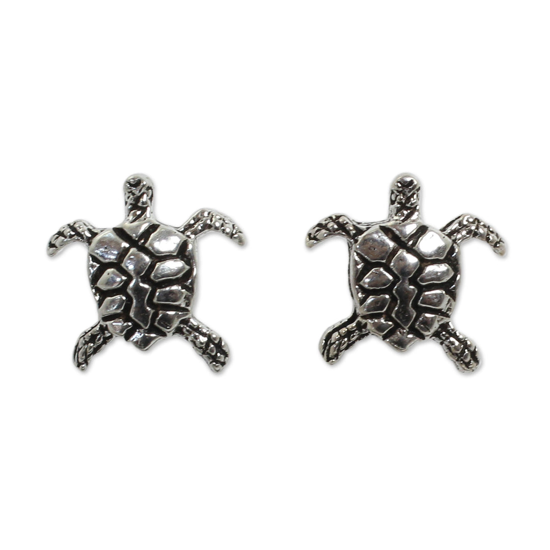 Sterling Silver Button Earrings - Baby Sea Turtle