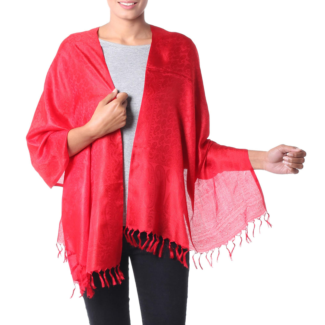 Scarlet Wrap Handcrafted Varanasi Silk Shawl India - Woman in Red