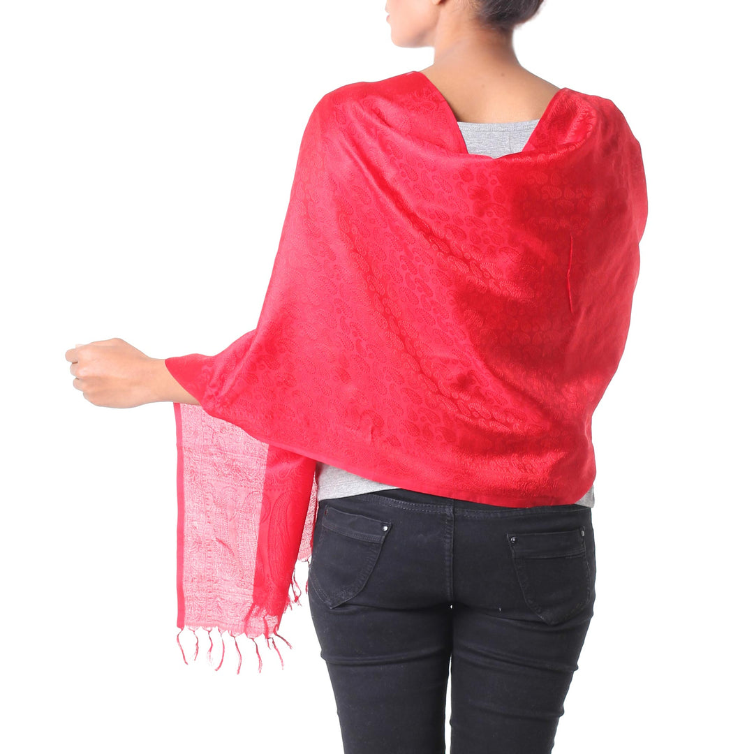Scarlet Wrap Handcrafted Varanasi Silk Shawl India - Woman in Red