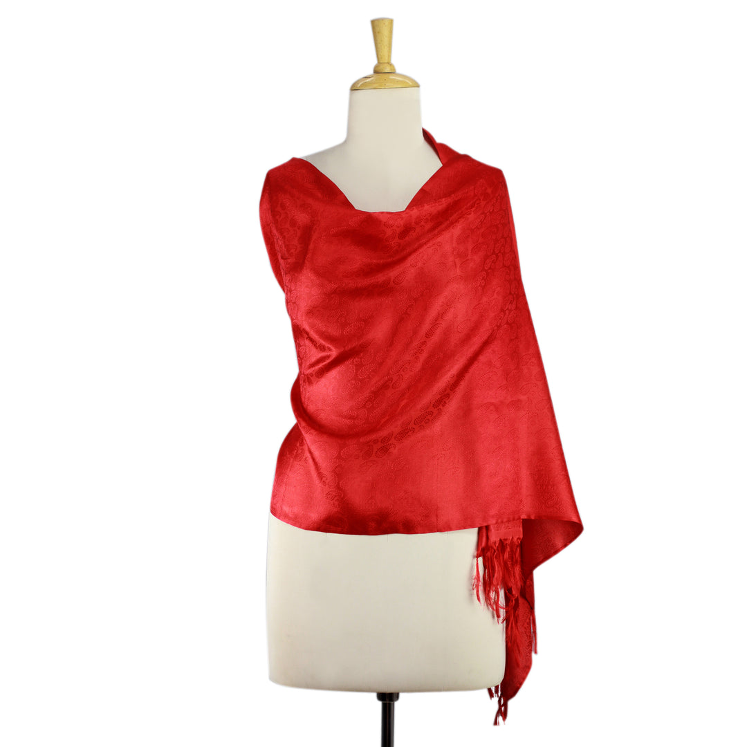 Scarlet Wrap Handcrafted Varanasi Silk Shawl India - Woman in Red
