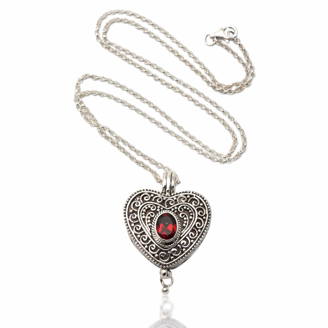 Garnet and Sterling Silver Heart Shaped Locket Necklace - Always in my Heart