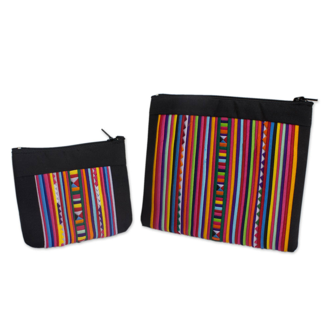 Cotton Blend Cosmetic Bags with Hill Tribe Applique (pair) - Lisu Rainbow
