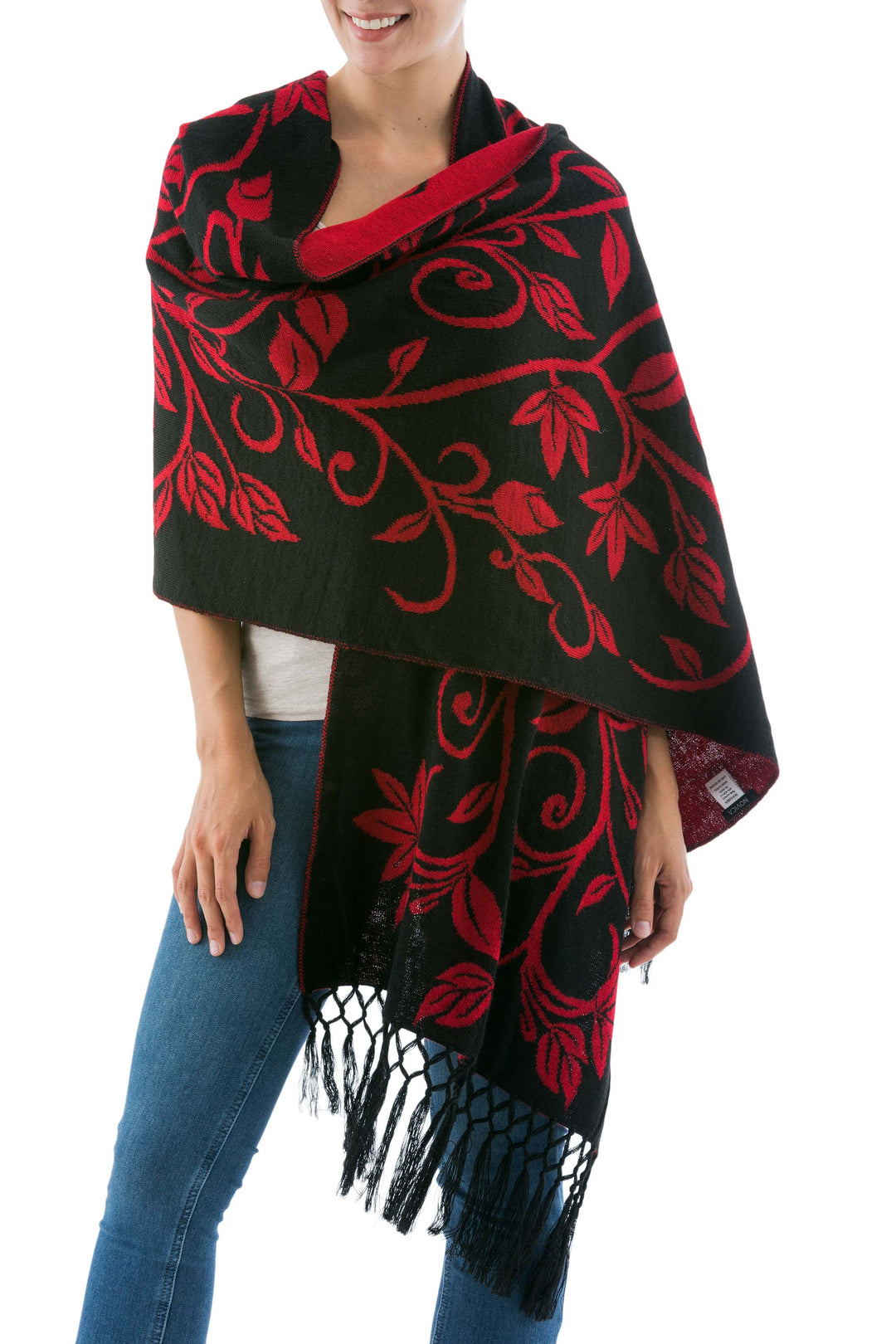 Reversible Red and Black Alpaca Blend Shawl - Scarlet Leaves