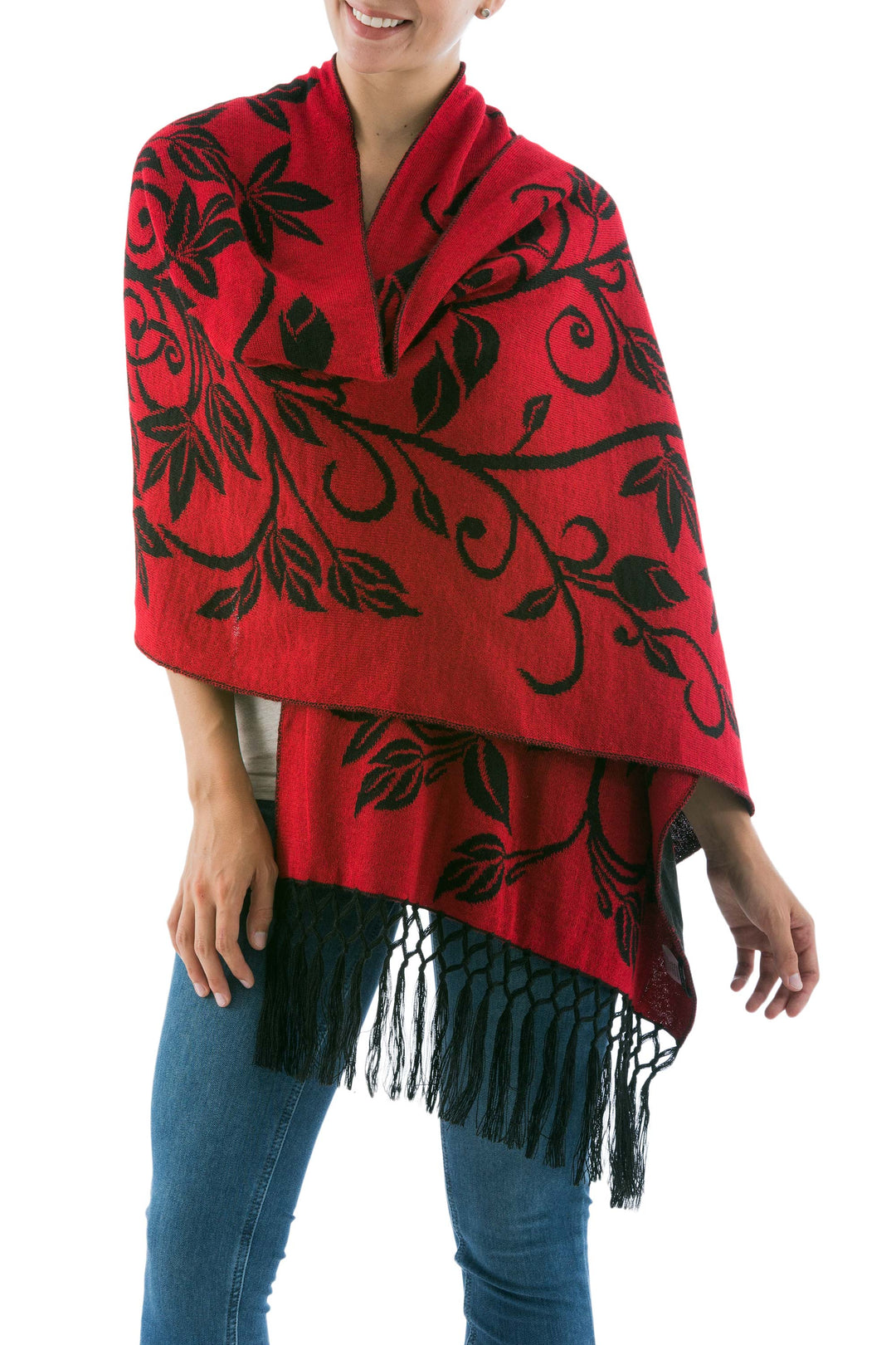 Reversible Red and Black Alpaca Blend Shawl - Scarlet Leaves