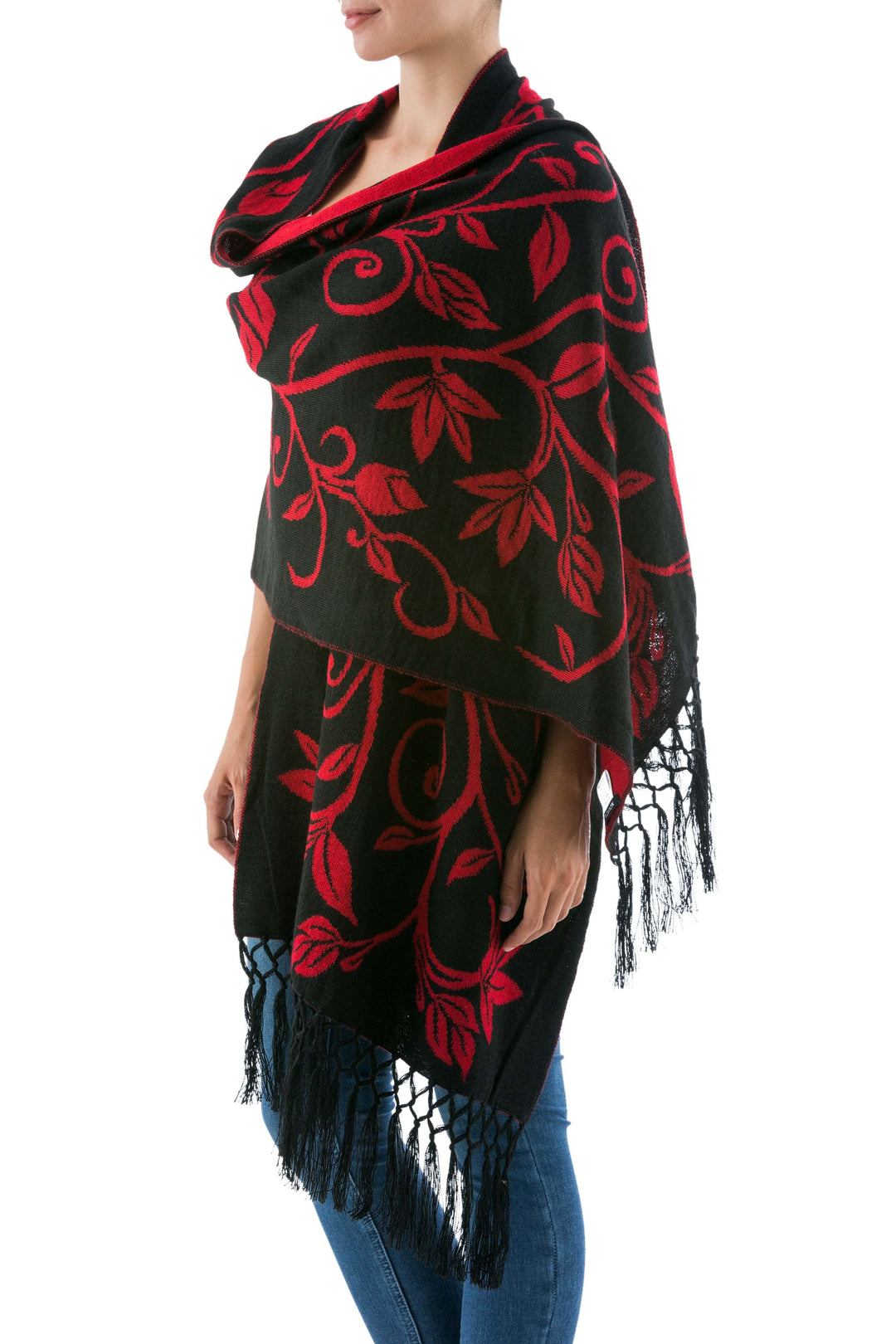 Reversible Red and Black Alpaca Blend Shawl - Scarlet Leaves