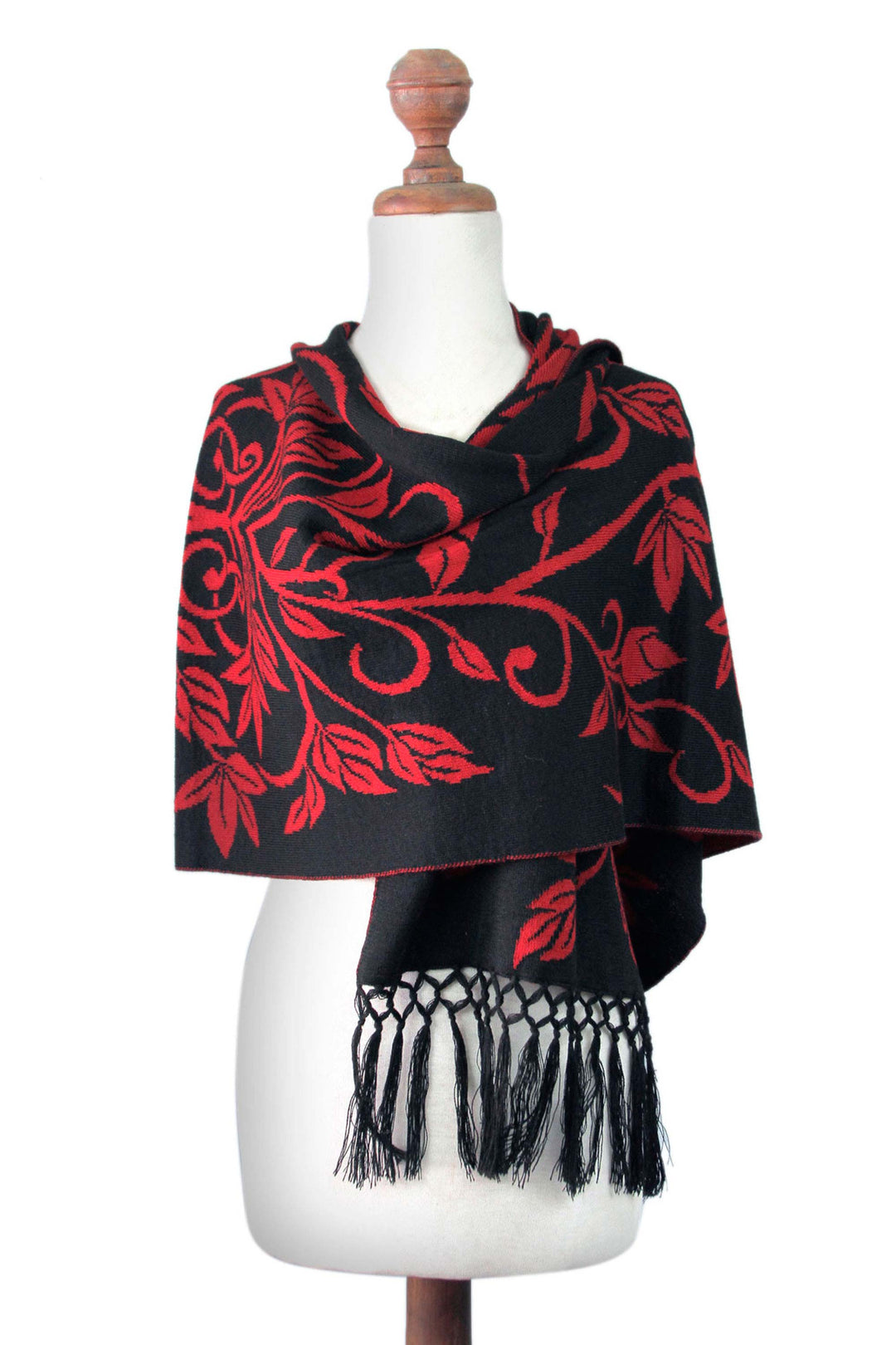 Reversible Red and Black Alpaca Blend Shawl - Scarlet Leaves
