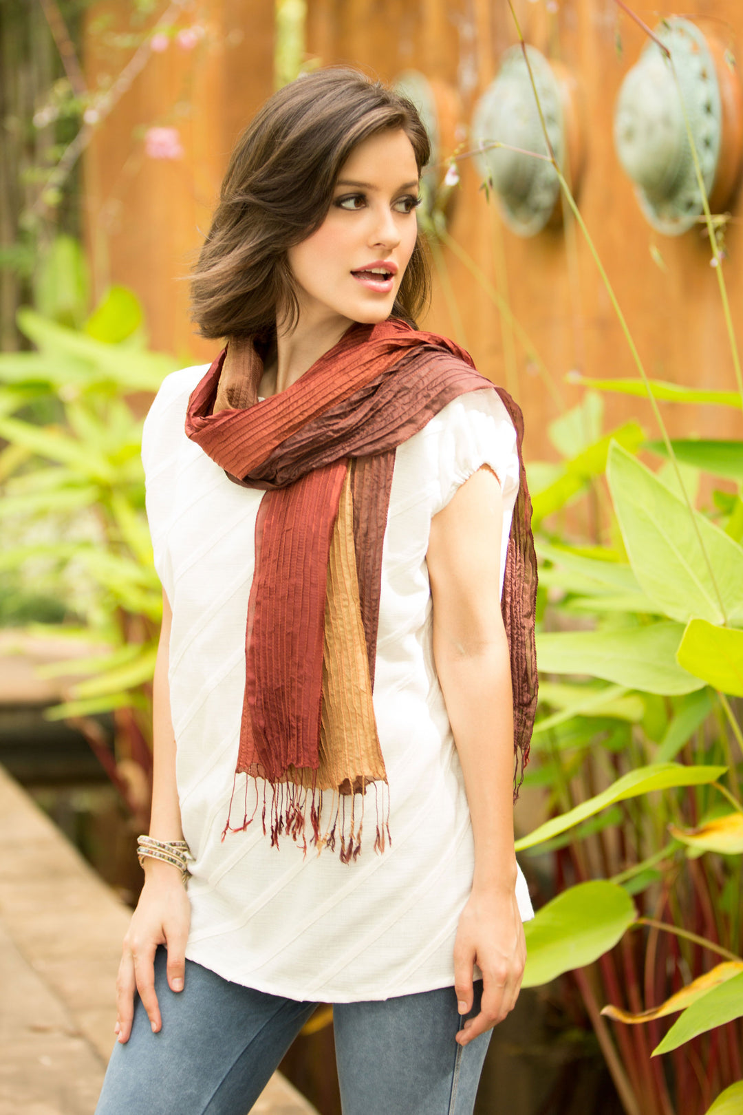 Hand-dyed Silk Scarf from Thailand - Golden Brown Transition