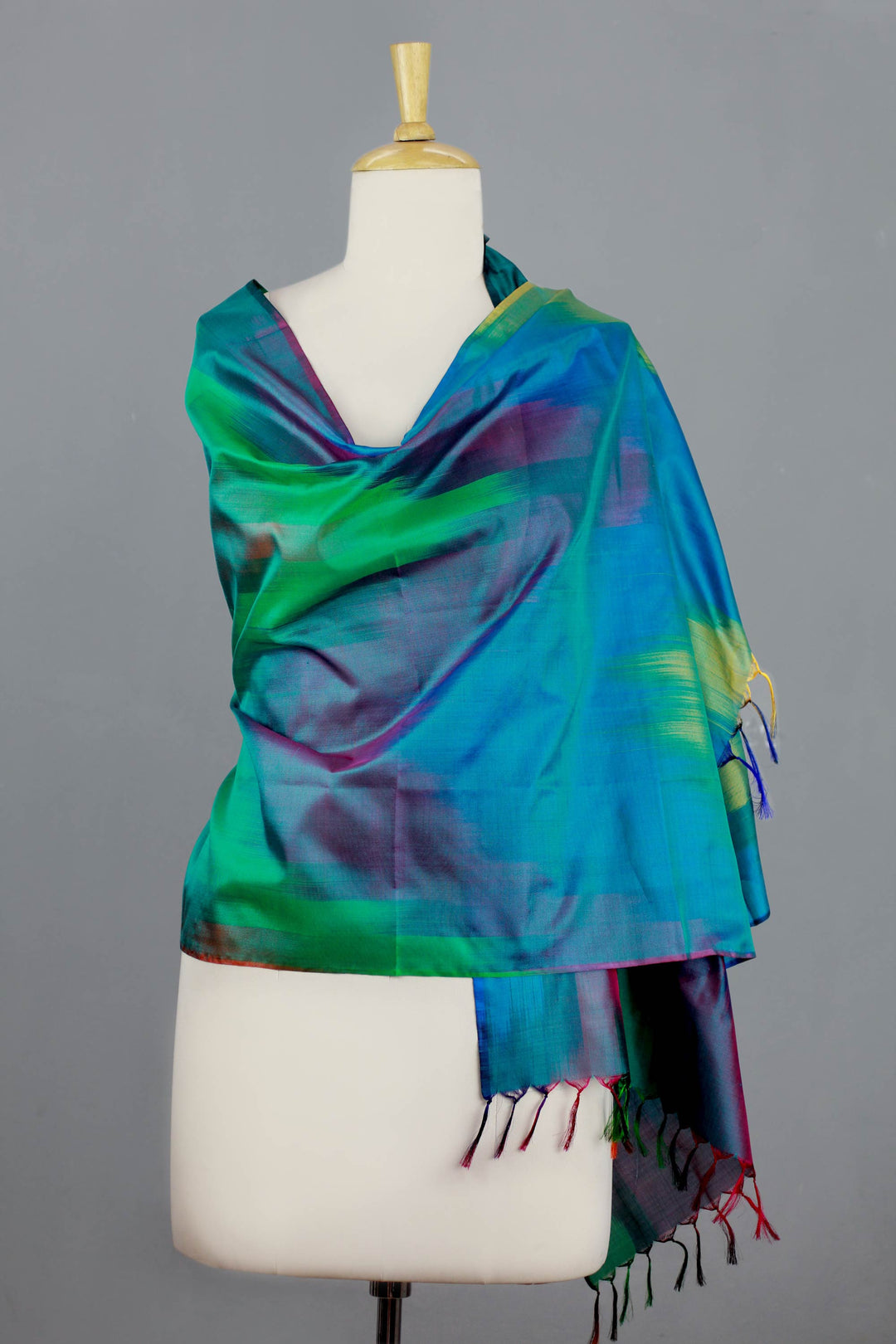 Tie Dye Blue and Green Varanasi Silk Shawl - Cool Color Fusion