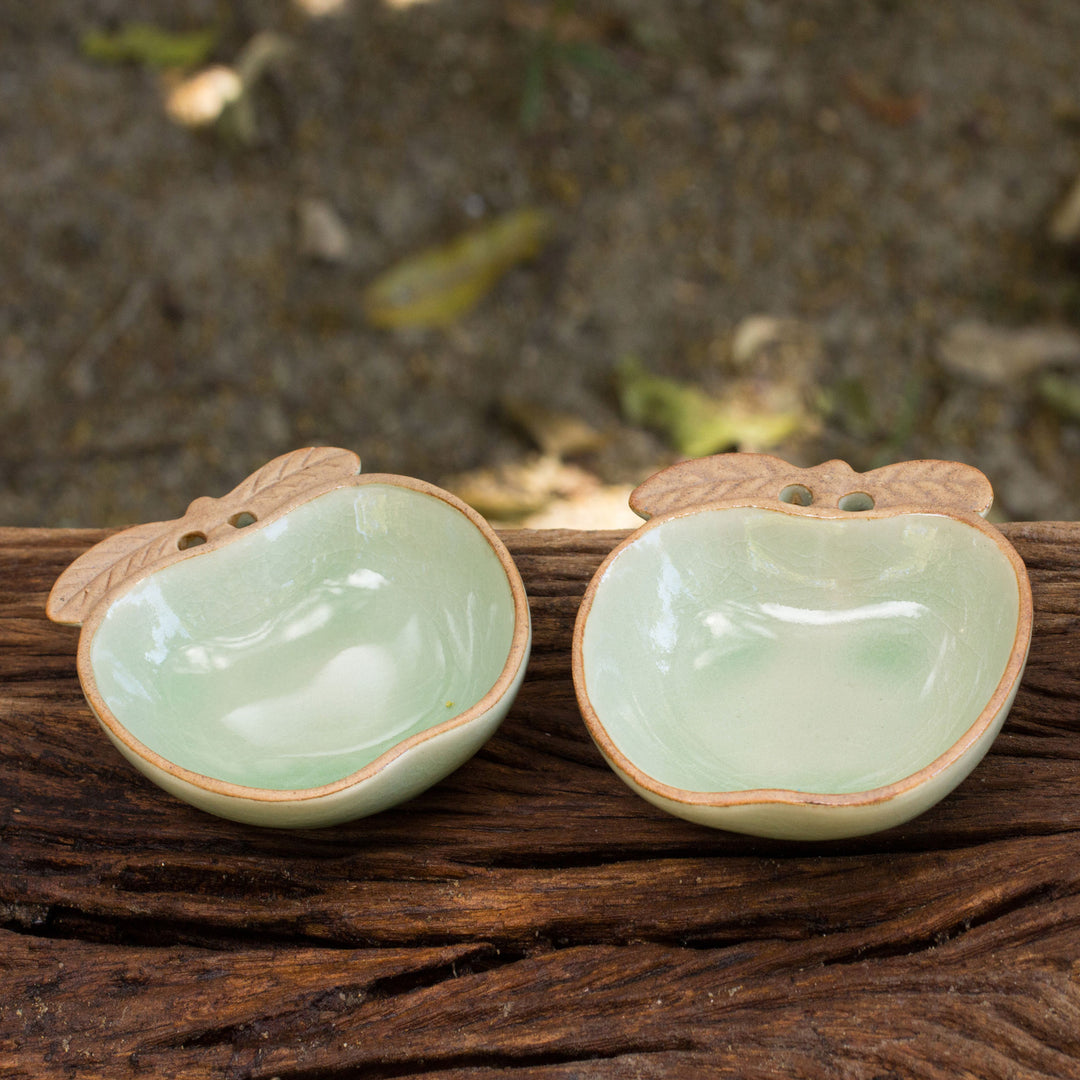 Green and Brown Celadon Condiment Dishes (pair) - Autumn Apple