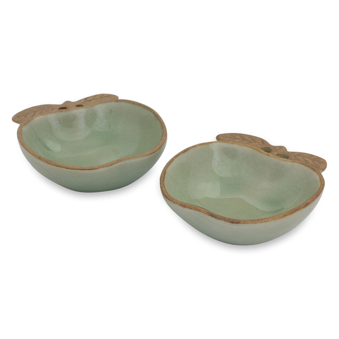 Green and Brown Celadon Condiment Dishes (pair) - Autumn Apple