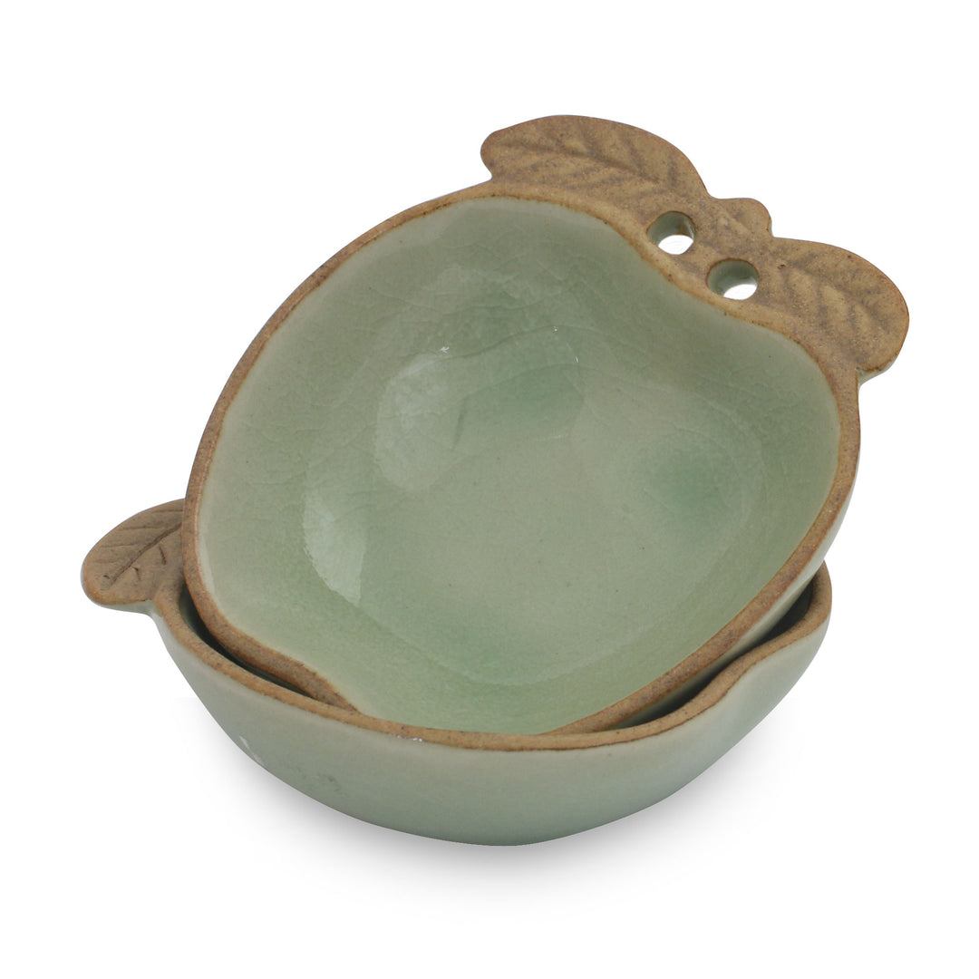 Green and Brown Celadon Condiment Dishes (pair) - Autumn Apple
