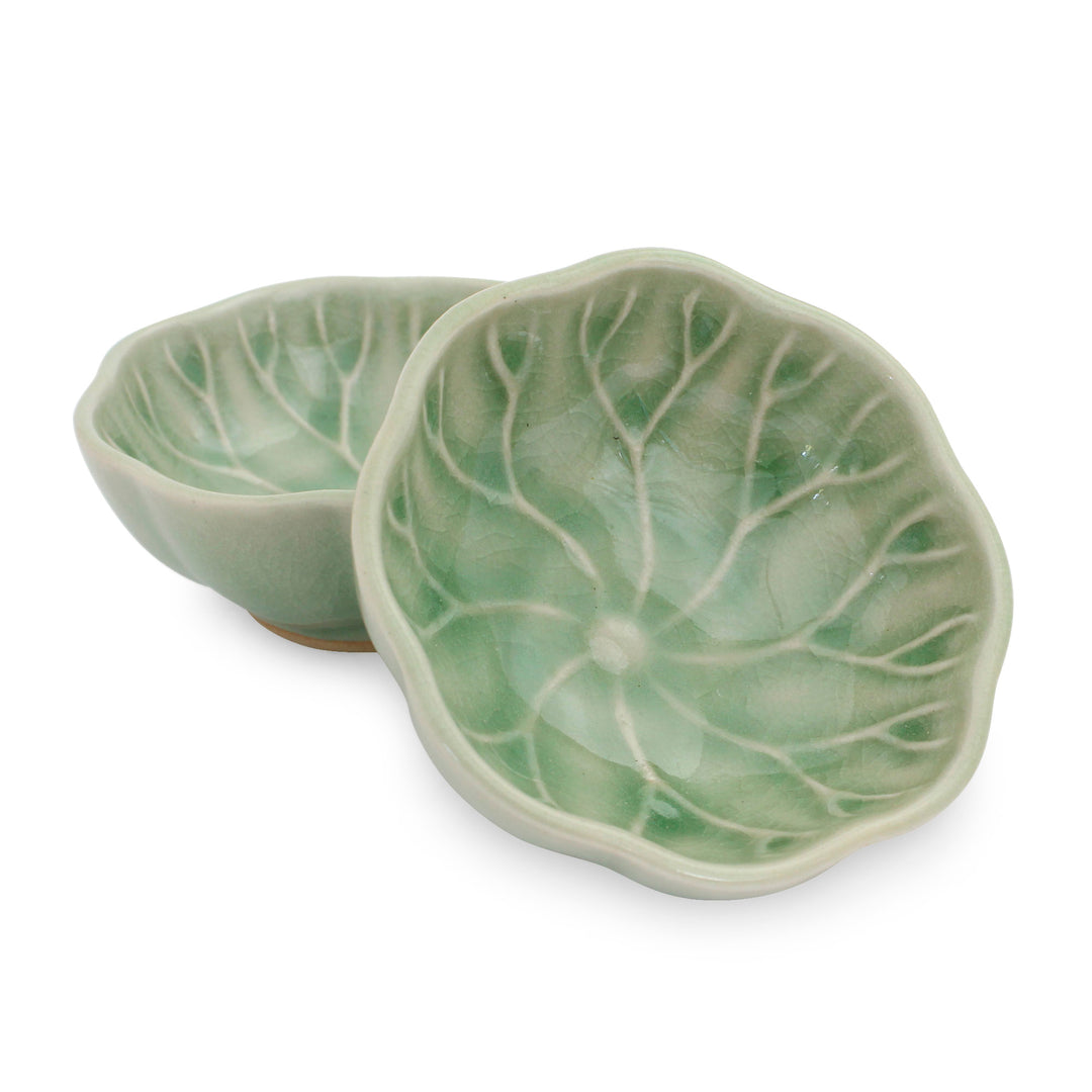 Green Leaf Thai Celadon Canape Dish Pair - Lotus Leaf