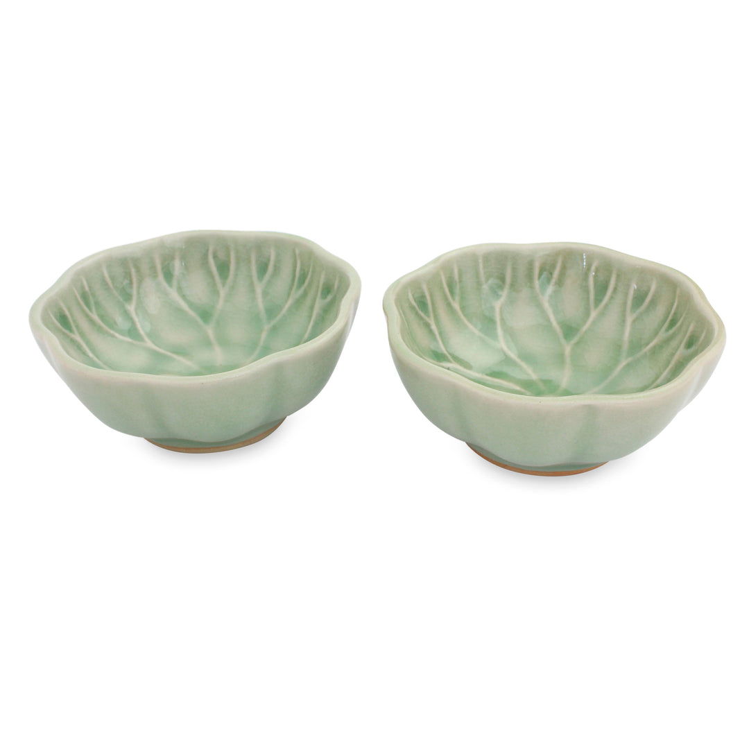 Green Leaf Thai Celadon Canape Dish Pair - Lotus Leaf
