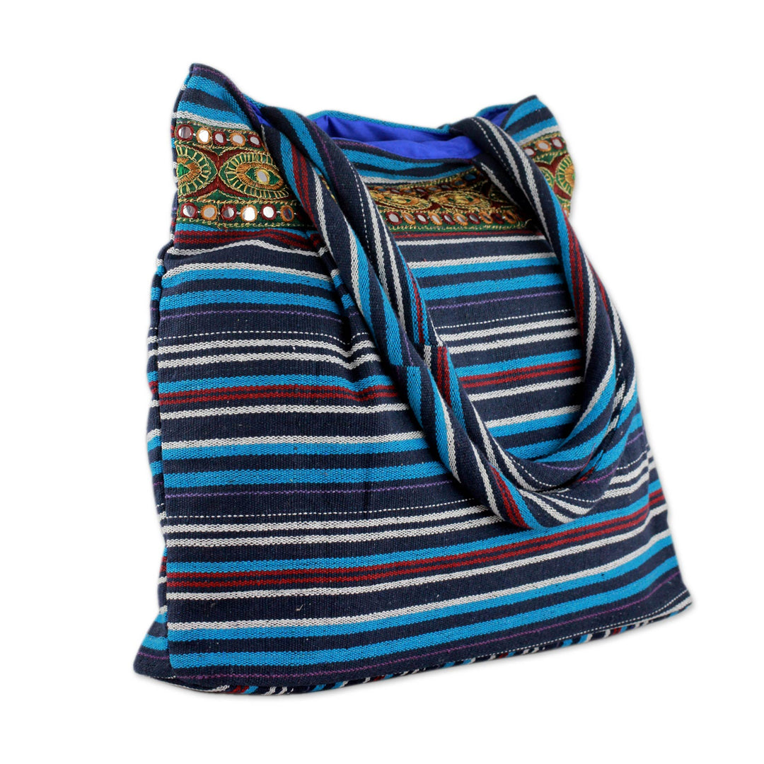 Hand-loomed Cotton Shoulder Bag from India - Gujarat Blue Fantasy