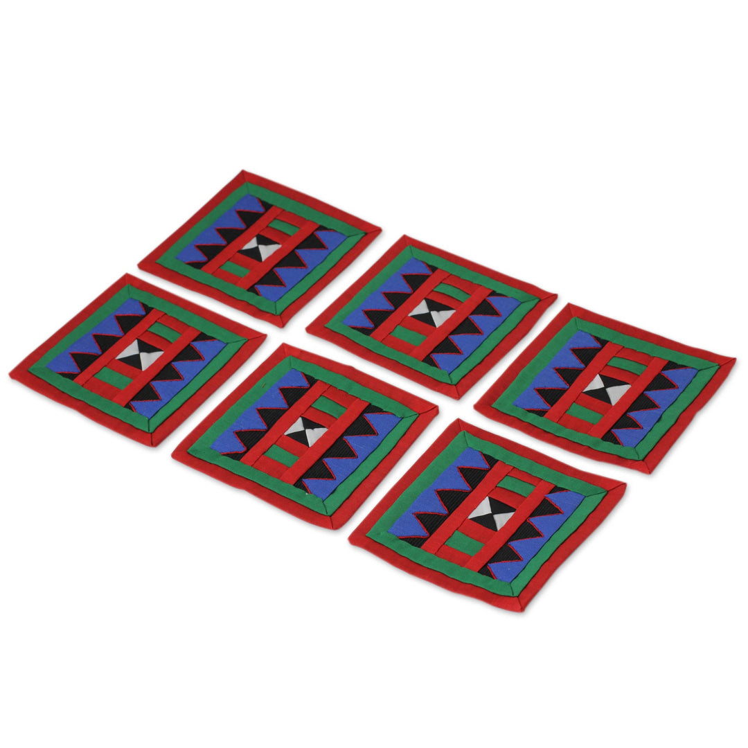 Handwoven Lahu Hill Tribe Red and Green Cotton Coasters - Festivities
