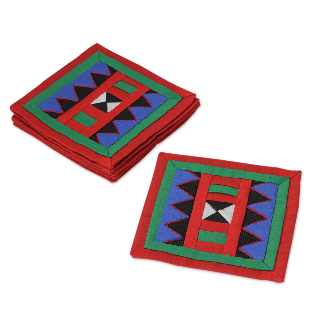 Handwoven Lahu Hill Tribe Red and Green Cotton Coasters - Festivities