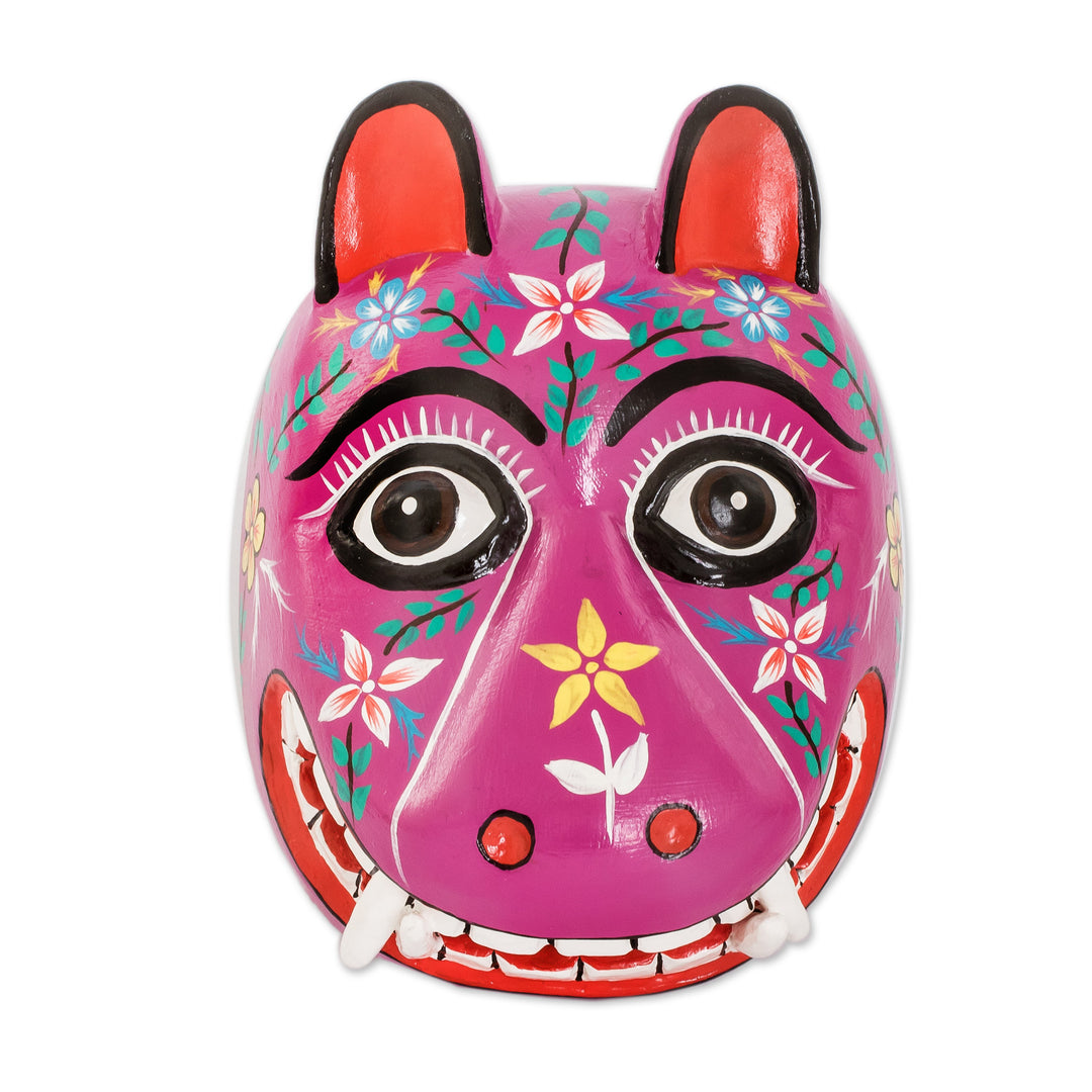 Artisan Crafted Traditional Wood Mask - Purple Maya Jaguar