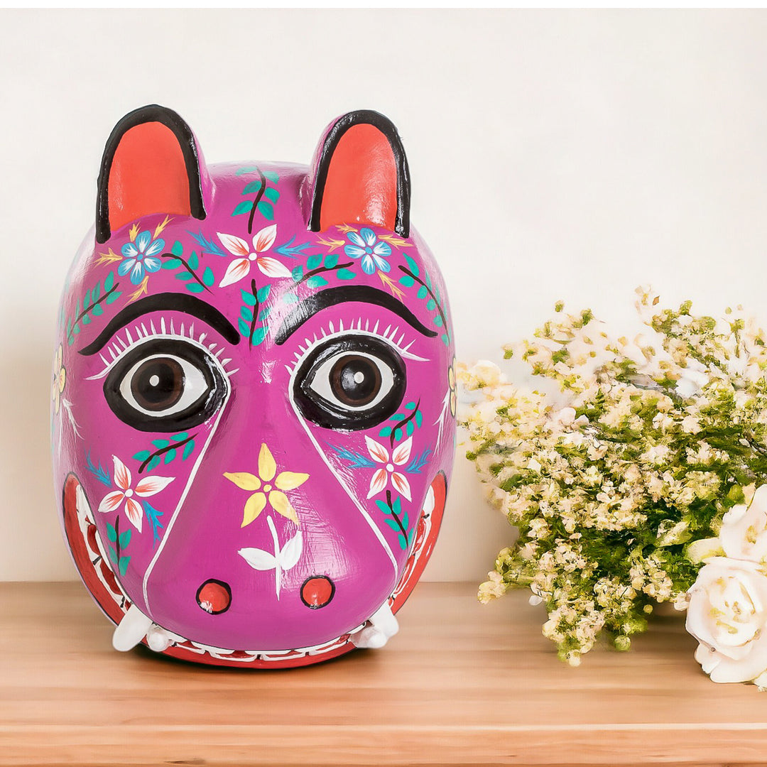 Artisan Crafted Traditional Wood Mask - Purple Maya Jaguar