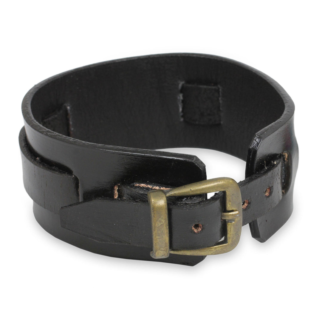 Men's Artisan Crafted Leather Wristband Bracelet - Lanna Warrior in Black