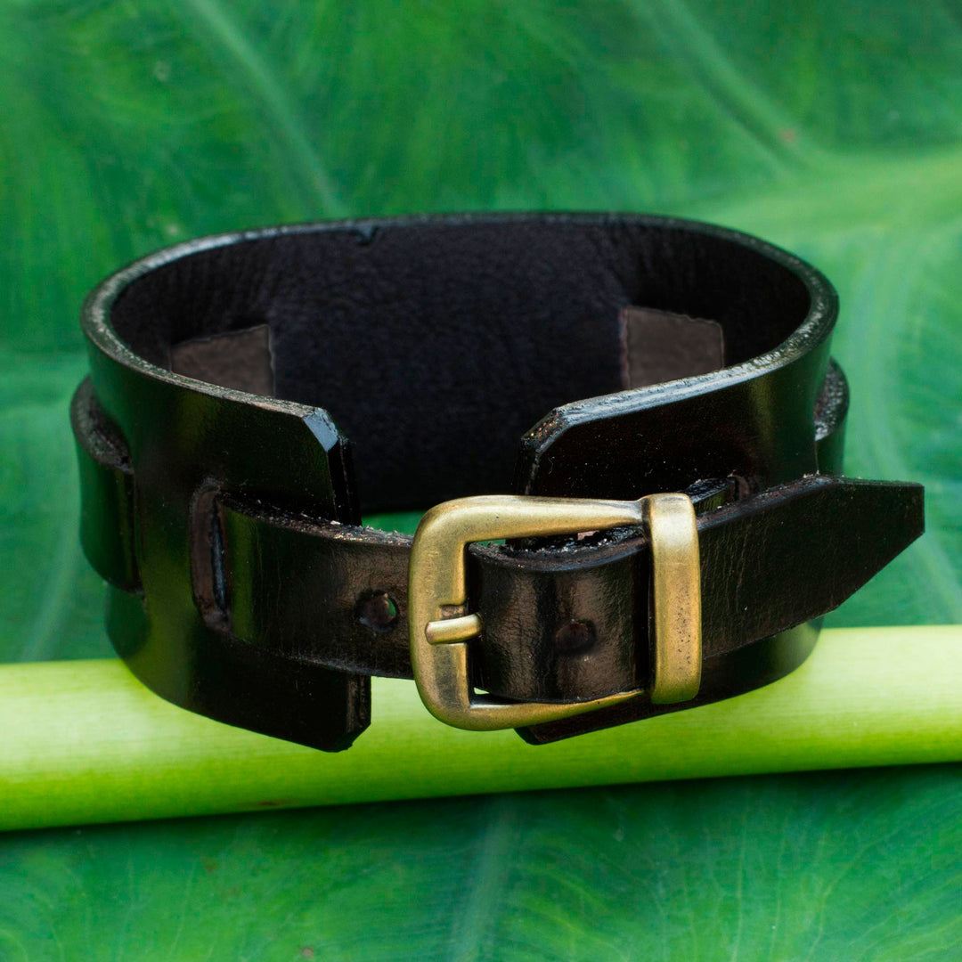 Men's Artisan Crafted Leather Wristband Bracelet - Lanna Warrior in Black