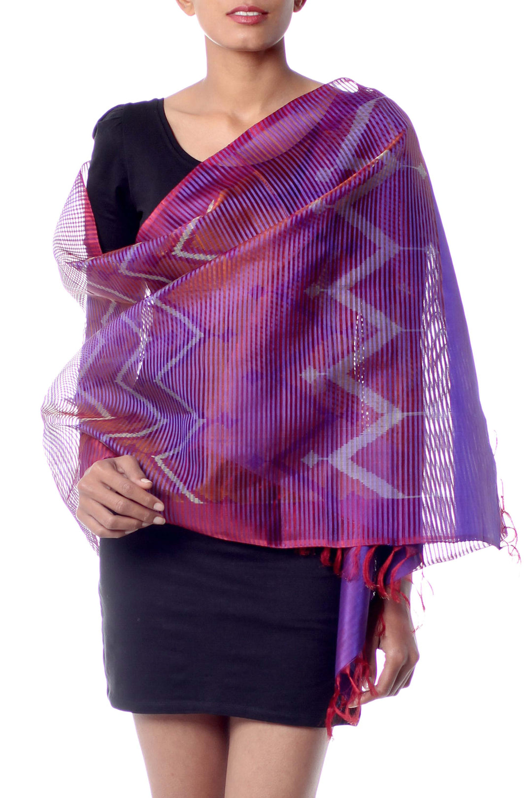 Purple Red Silk Shawl Wrap from India - Midnight Fantasy