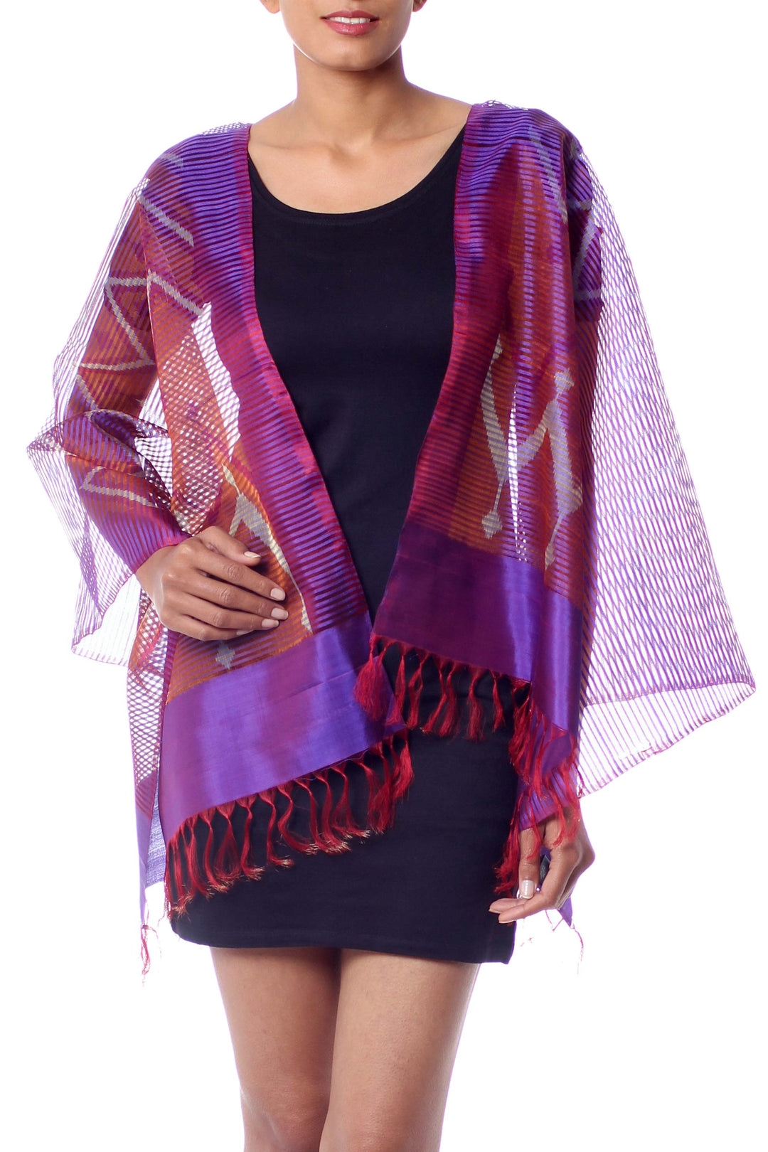 Purple Red Silk Shawl Wrap from India - Midnight Fantasy