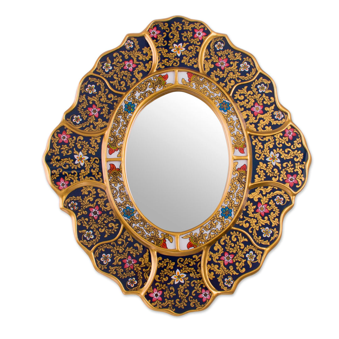 Handcrafted Andean Reverse Painted Glass Wall Mirror - Garden Gold