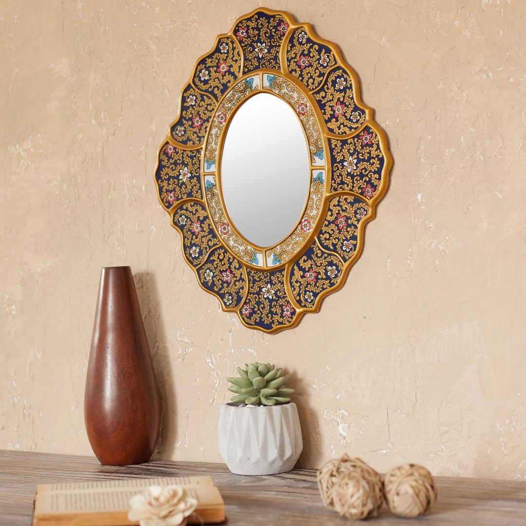 Handcrafted Andean Reverse Painted Glass Wall Mirror - Garden Gold