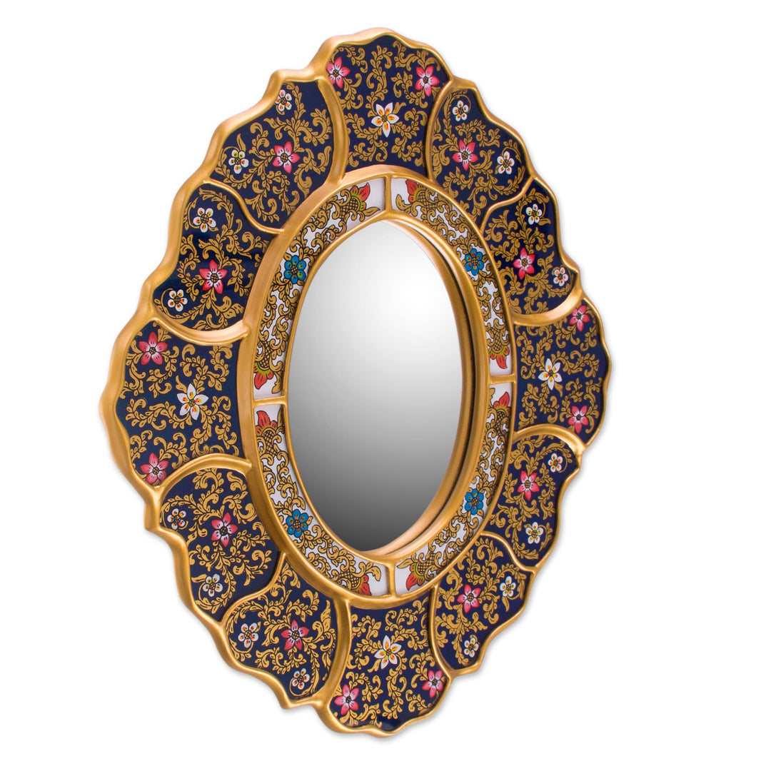 Handcrafted Andean Reverse Painted Glass Wall Mirror - Garden Gold